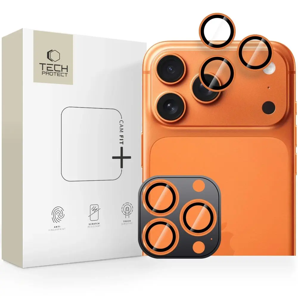 Tech-Protect Camring Fit+, sklíčko pro čočku fotoaparátu, iPhone 14 Pro / Max / 15 Pro / Max / 16 Pro / Max / 17 Pro / Max, oranžové
