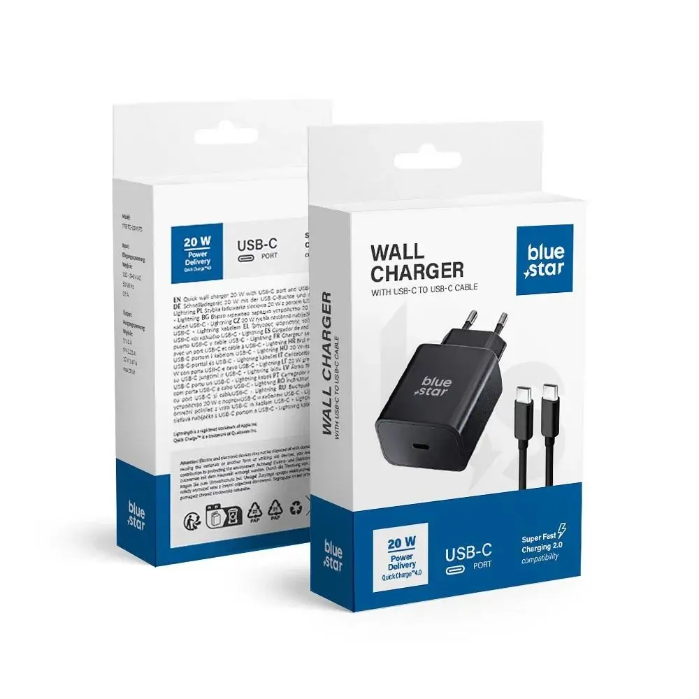 BlueStar nabíječka USB-C + kabel USB-C - USB-C, černá