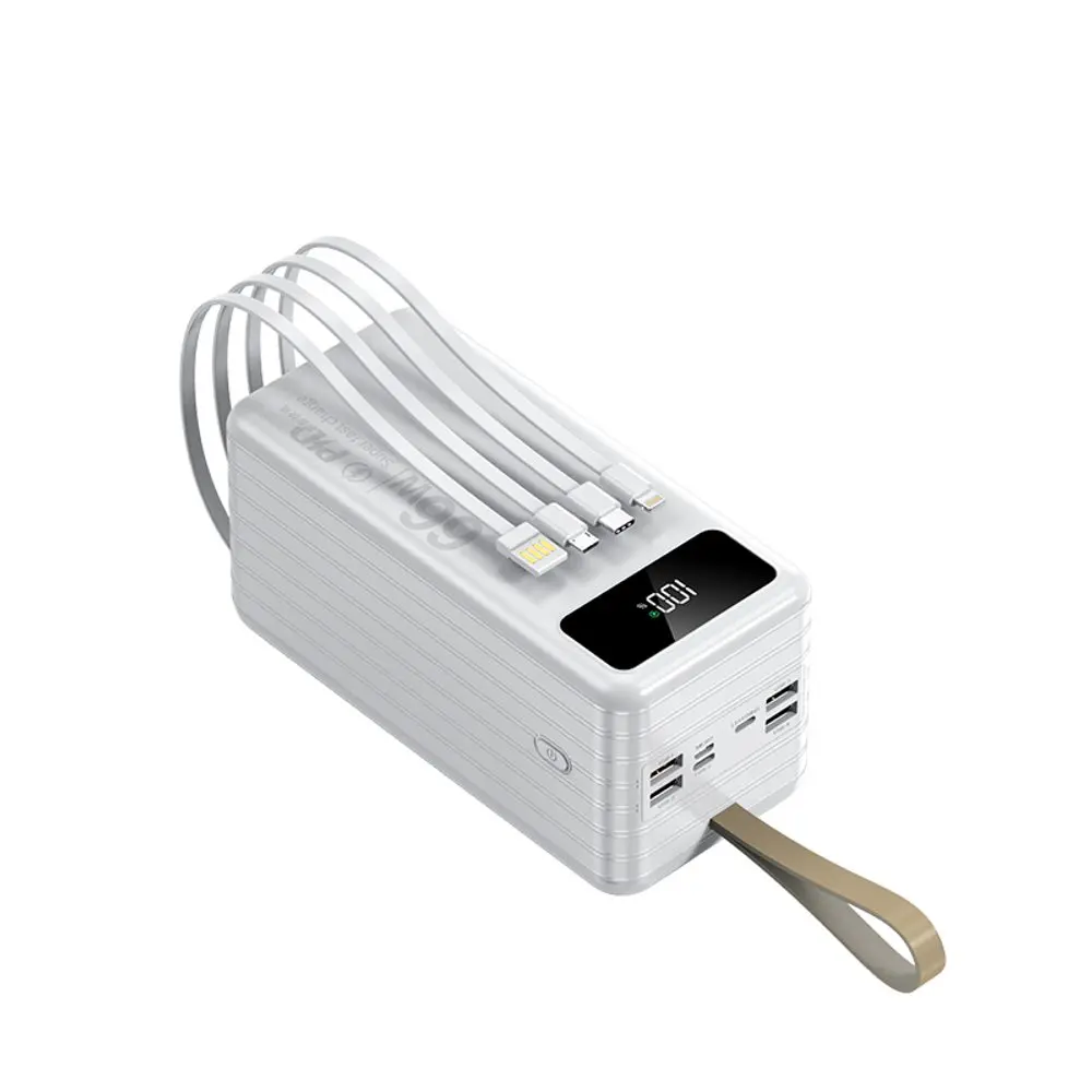 Powerbanka 60 000 mAh, PD66W, 2.1A, 4 integrované kabely + LED světlo, bílá