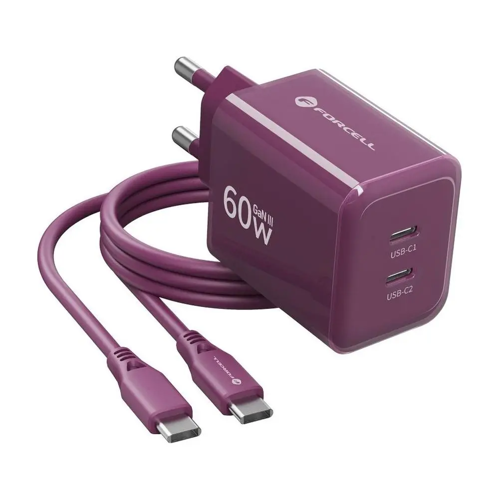 Forcell F-Energy nabíječka GaN III, 2x USB-C 60 W + kabel USB-C - USB-C, vínová