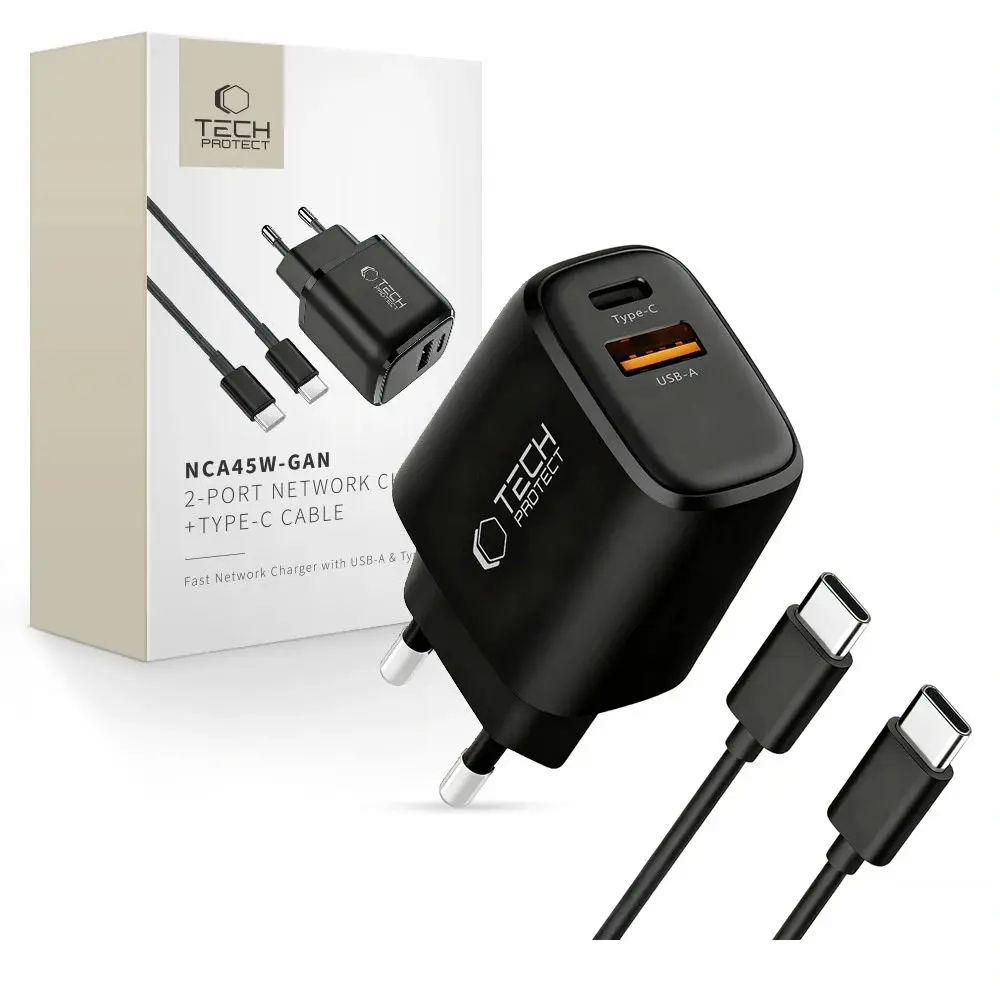 Tech-Protect NCA45W-GAN 2-portová nabíječka PD 45W / QC3.0 + kabel USB-C, černá