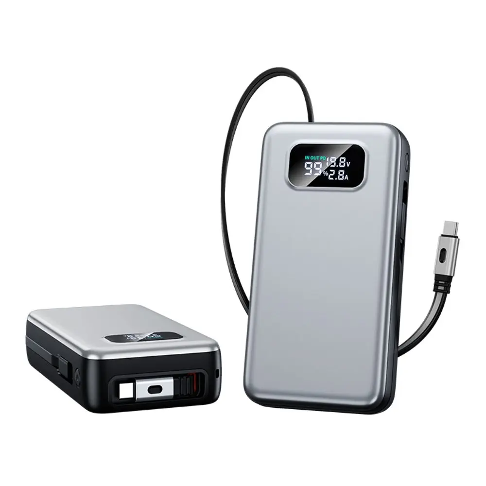 Powerbanka 20 000 mAh pro notebooky s PD 65W, vestavěným výsuvným USB-C a Lightning kabelem, šedá