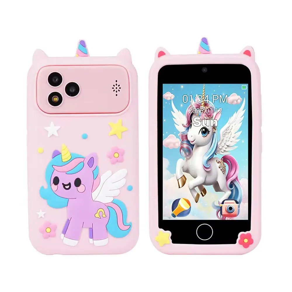 Chytrý moderní mobilní telefon pro děti s hrami, duálním fotoaparátem a dotykovým displejem, růžový unicorn