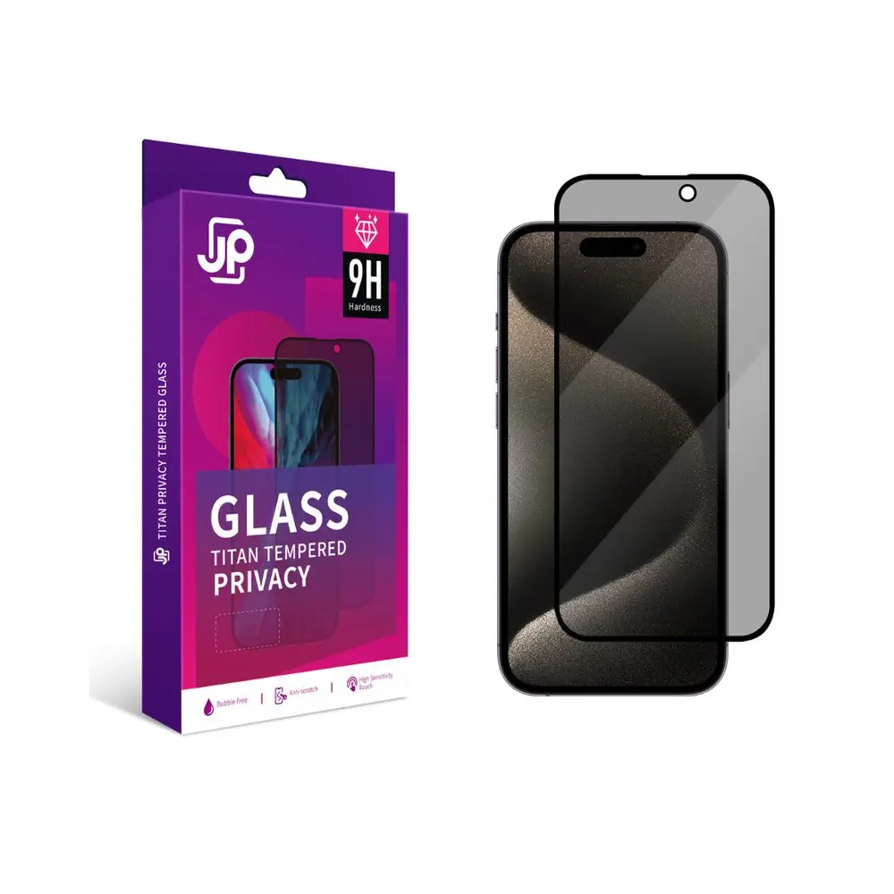 JP Titan Privacy extra odolné tvrzené sklo, iPhone 16 Pro / 17, černé
