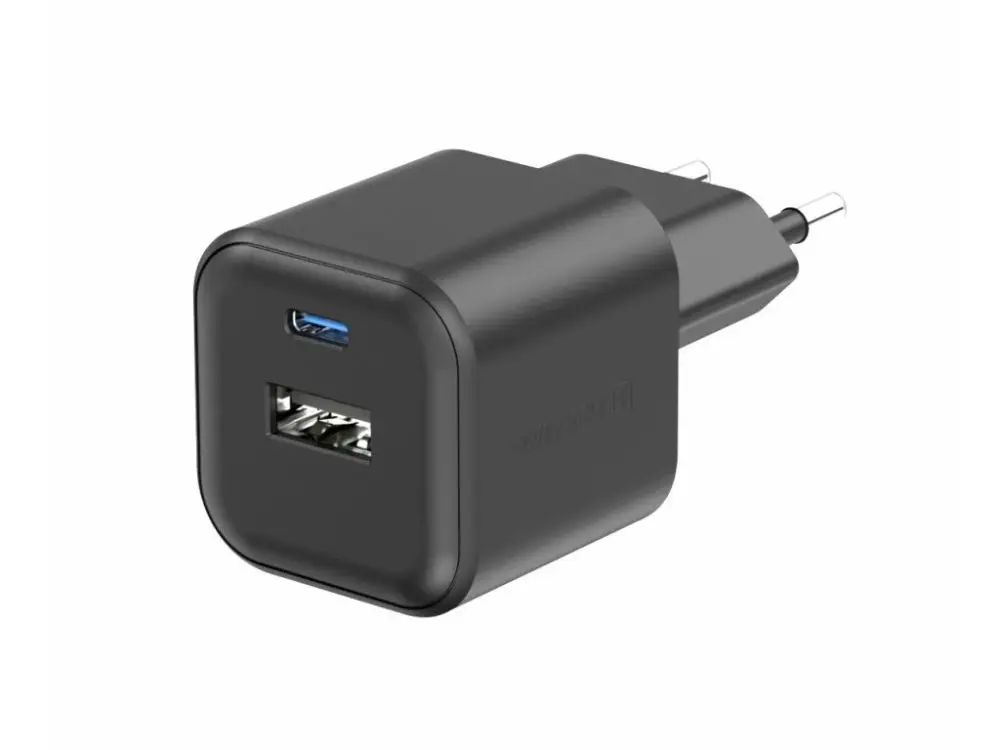 Swissten Síťový adaptér GaN 1x USB-C 20W PD a 1x USB-A 18W QC, černý