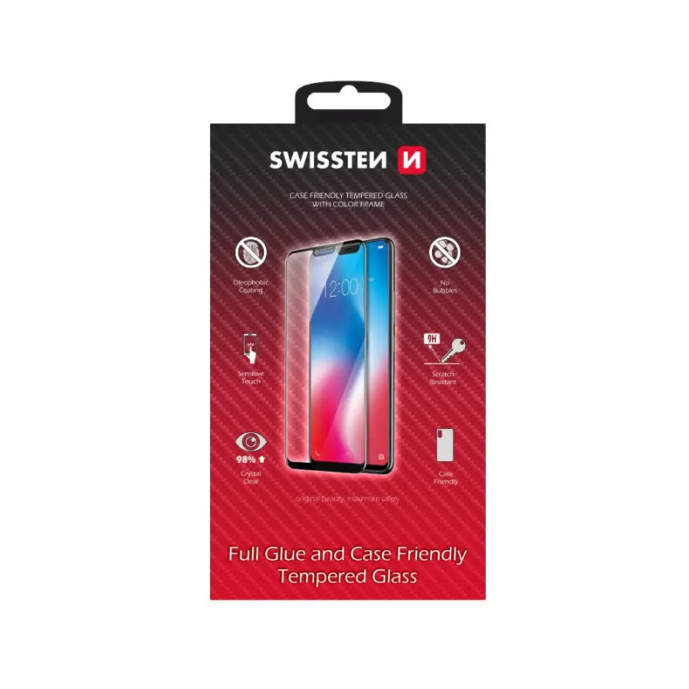 Tvrzené sklo Swissten full glue, color frame, case friendly na iPhone 15 Plus černé