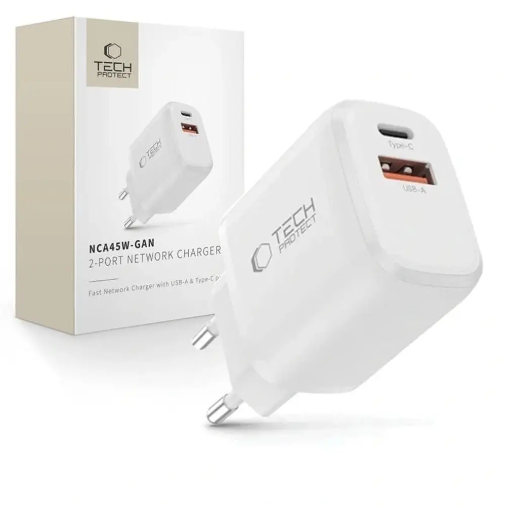 Tech-Protect NCA45W-GAN 2-portová síťová nabíječka PD45W / QC 3.0, bílá