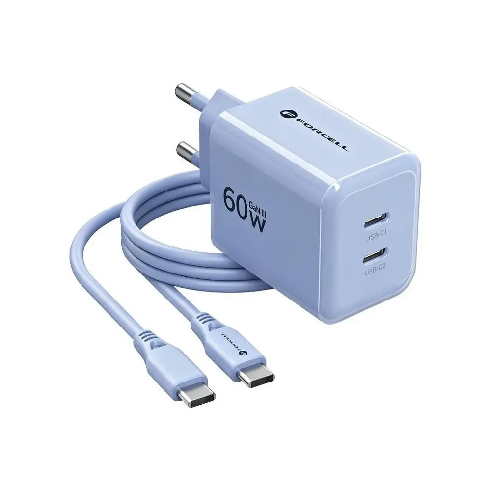 Forcell F-Energy nabíječka GaN III, 2x USB-C 60 W + kabel USB-C - USB-C, modrá