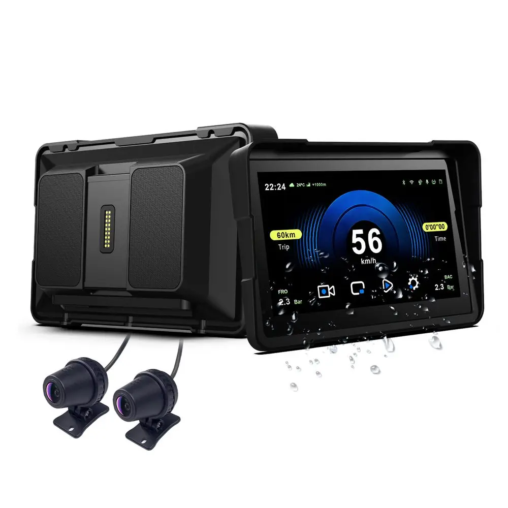 7" Motocyklový displej s bezdrátovým CarPlay a Android Auto, duální Full HD kamerou a rychloupínacím držákem