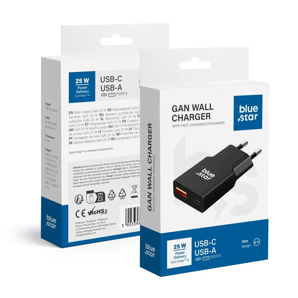BlueStar Slim adaptér USB-C + USB-A, GaN, 25W, černý