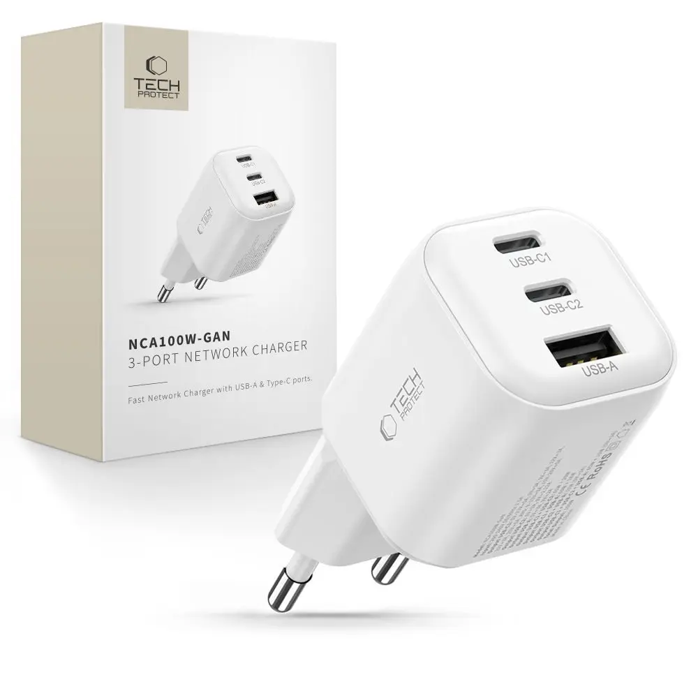 Tech-Protect 3portová síťová nabíječka s technologií GaN, PD 3.2, 100 W / QC 3.0, bílá