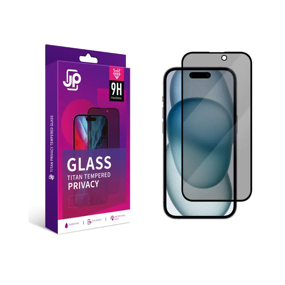 JP Titan Privacy extra odolné tvrzené sklo, iPhone 13 / 13 Pro / 14 / 16e / 17e, černé