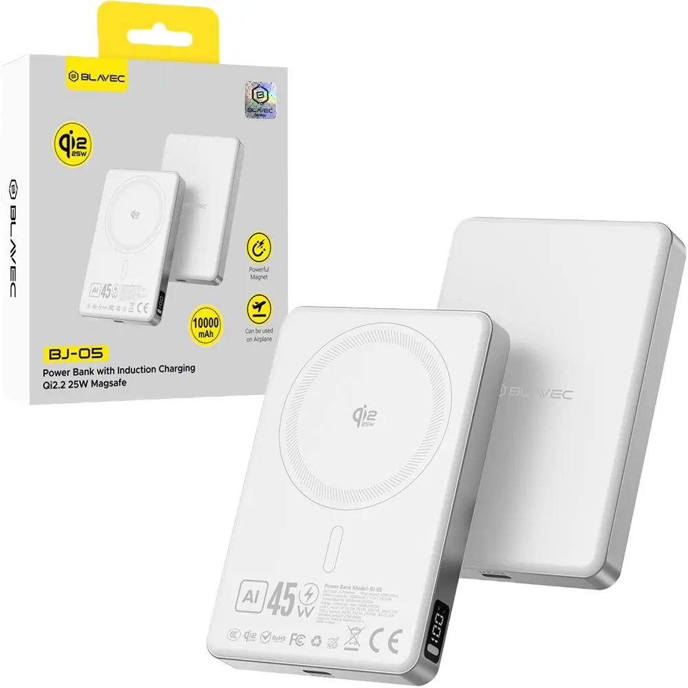 Blavec QI2.2 25W + PD 45W MagSafe powerbanka, 10000 mAh, USB-C, bílá