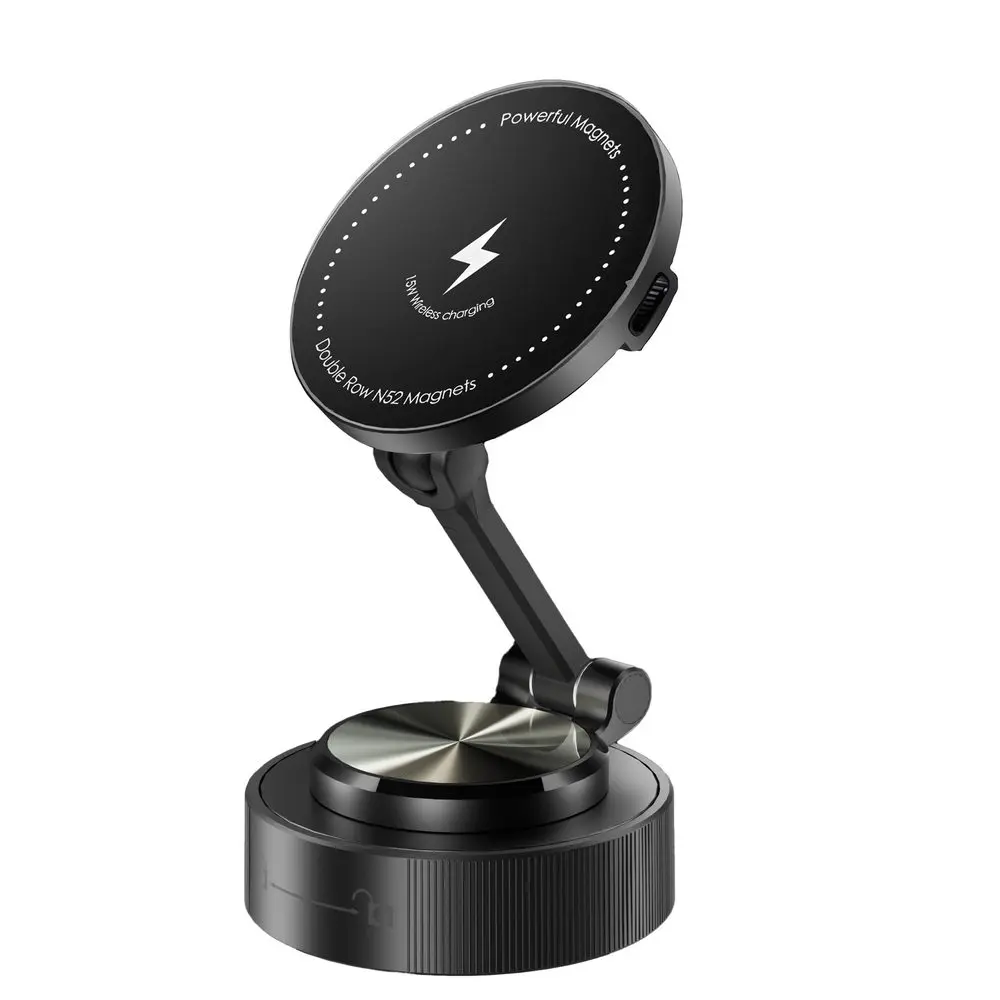 360° 15W magnetický bezdrátový přísavný držák telefonu s nastavitelným ramenem, černý, C48