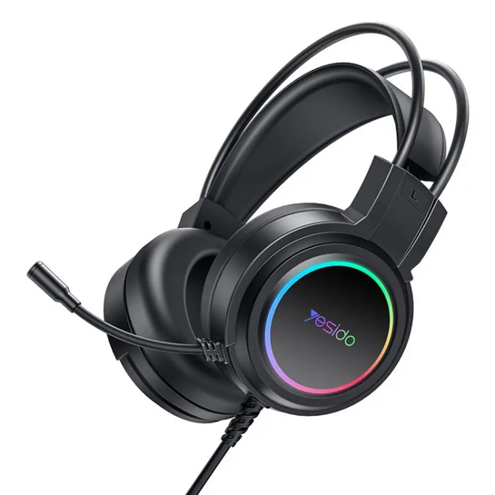 Yesido – kabelová sluchátka (EK05) – pro hraní her, USB, s mikrofonem, RGB LED osvětlením – černá