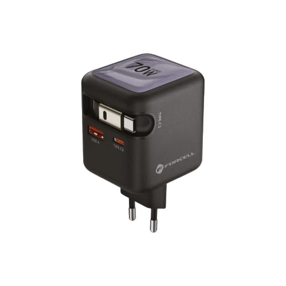 Forcell F-Energy nabíječka GaN USB-C + USB-A + navíjecí kabel USB-C, PD, QC4.0, 3A, 70W, šedá
