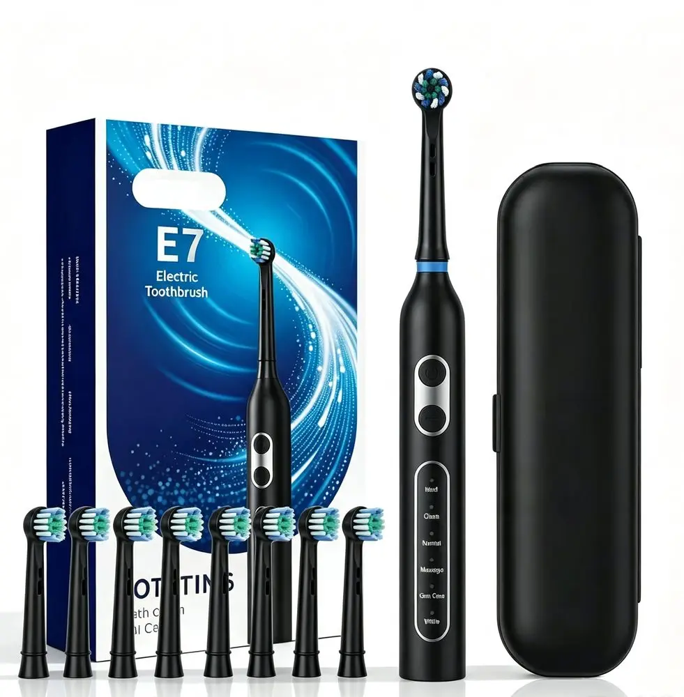 Sonický elektrický zubní kartáček E7 s 8 hlavicemi, 5 režimů, IPX7, 1500 mAh, černý