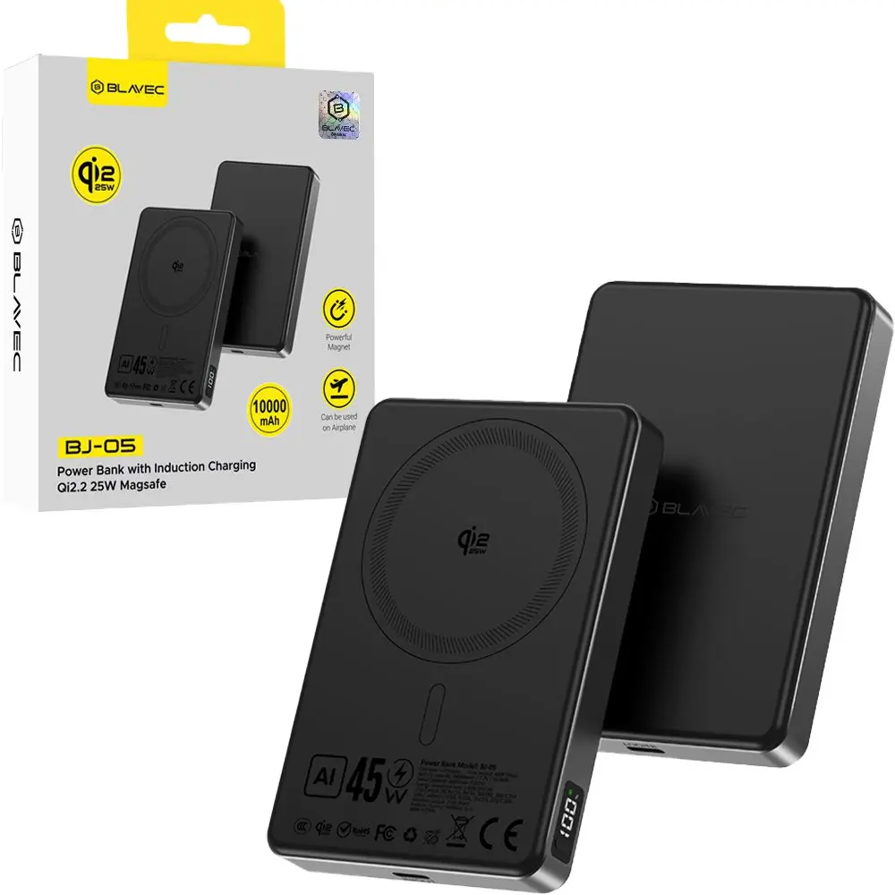 Blavec QI2.2 25W + PD 45W MagSafe powerbanka, 10000 mAh, USB-C, černá