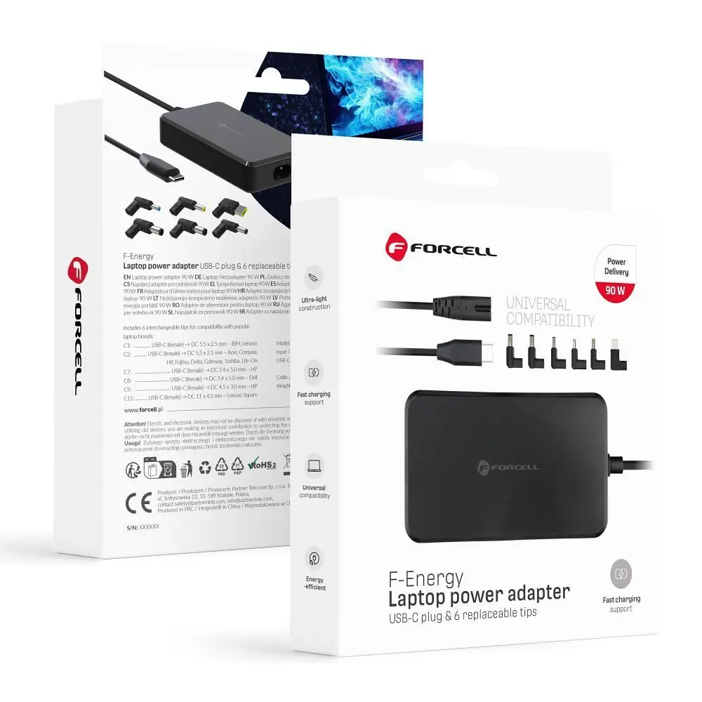 Forcell F-Energy E856 Univerzální adaptér k notebooku, 90W (6 koncovek), černý