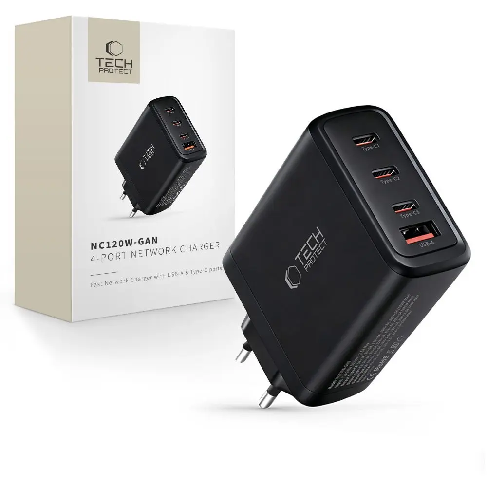 Tech-Protect NC120W-GAN 4-portová nabíječka PD 120W / QC3.0, černá
