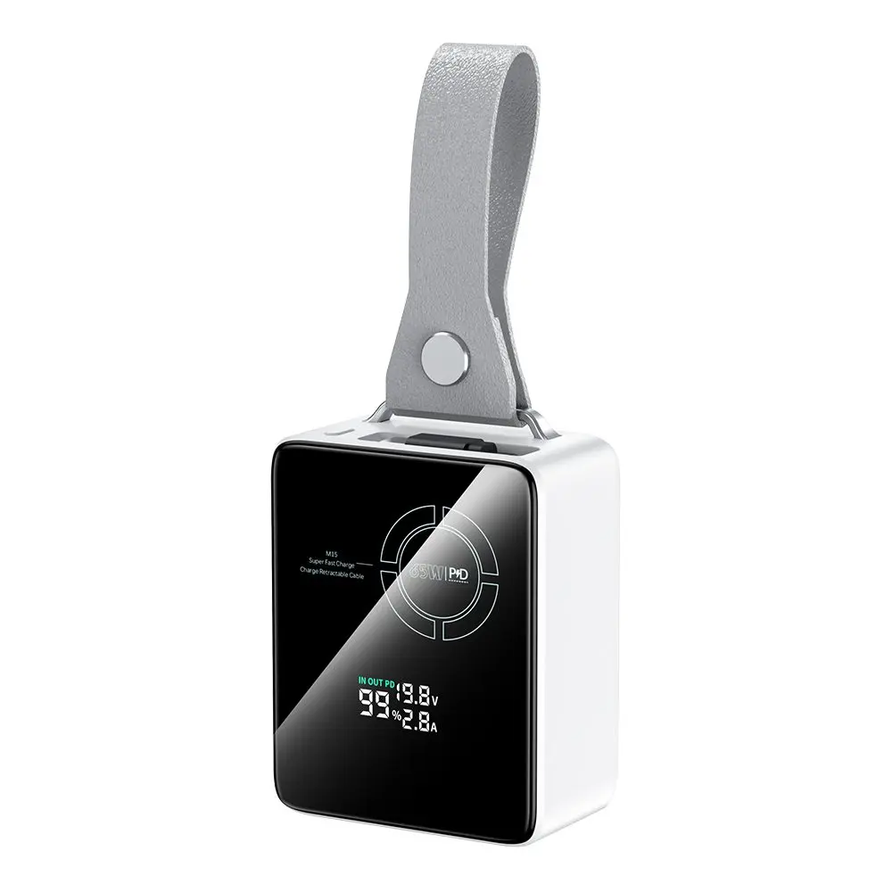 Powerbanka pro notebooky 65W PD s výsuvným USB-C kabelem a digitálním displejem, 20000 mAh, bílá