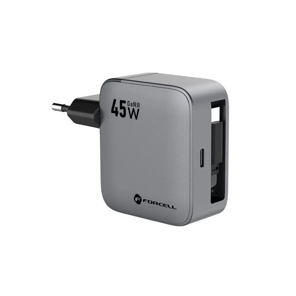 Forcell F-Energy nabíječka USB-C + navíjecí kabel USB-C, PD, QC4.0, 3A, 45W, šedá