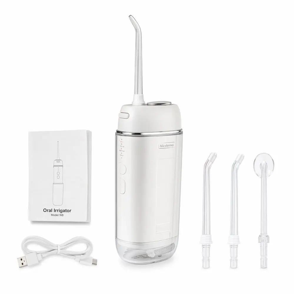 Přenosná ústní sprcha W8 s 4 režimy, 190 ml, IPX7, 1400 mAh, 4 nástavce, bílá