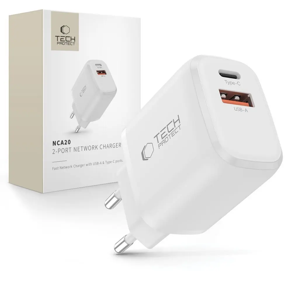 Tech-Protect NCA20 2-portová síťová nabíječka PD 20W / QC3.0, bílá