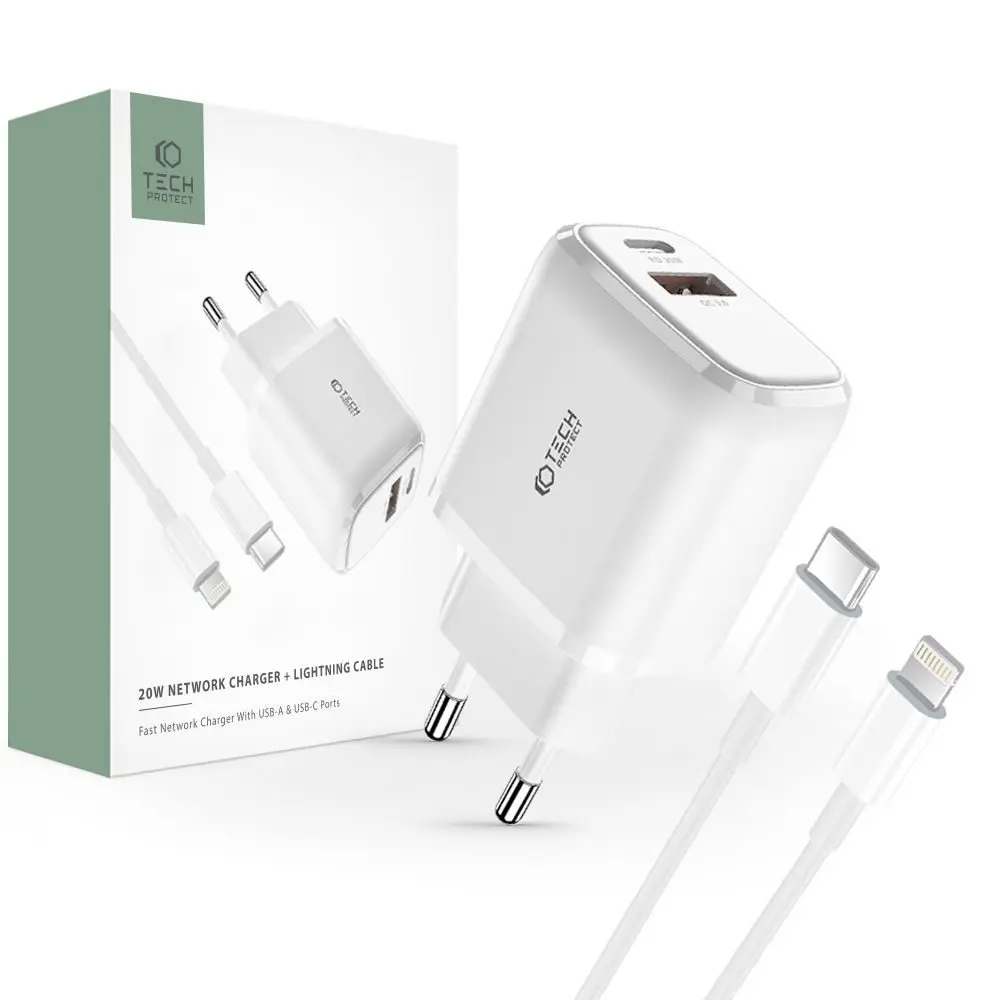Tech-Protect C20W 2-portová síťová nabíječka PD20W / QC3.0 + kabel lightning, bílá