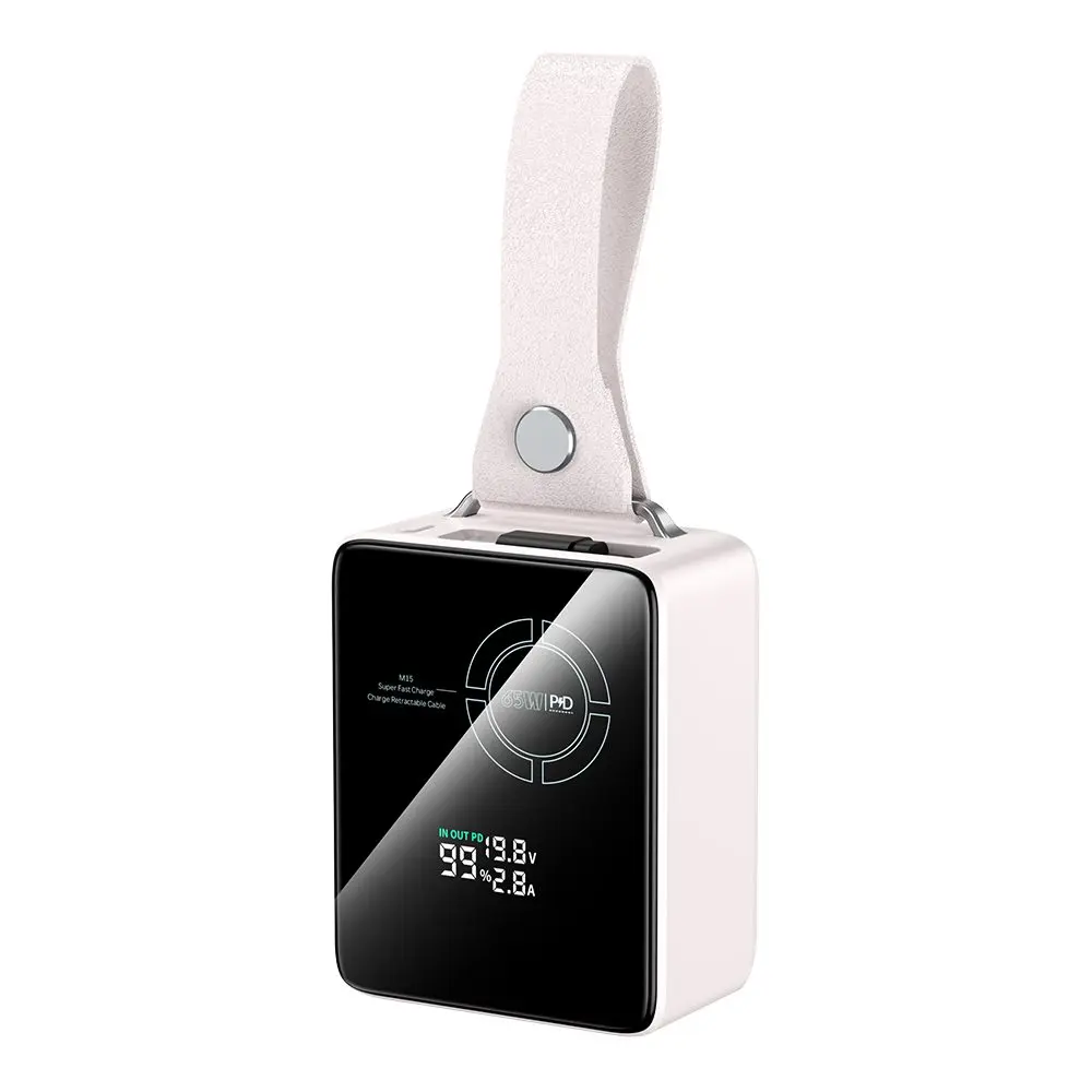 Powerbanka pro notebooky 65W PD s výsuvným USB-C kabelem a digitálním displejem, 20000 mAh, růžová