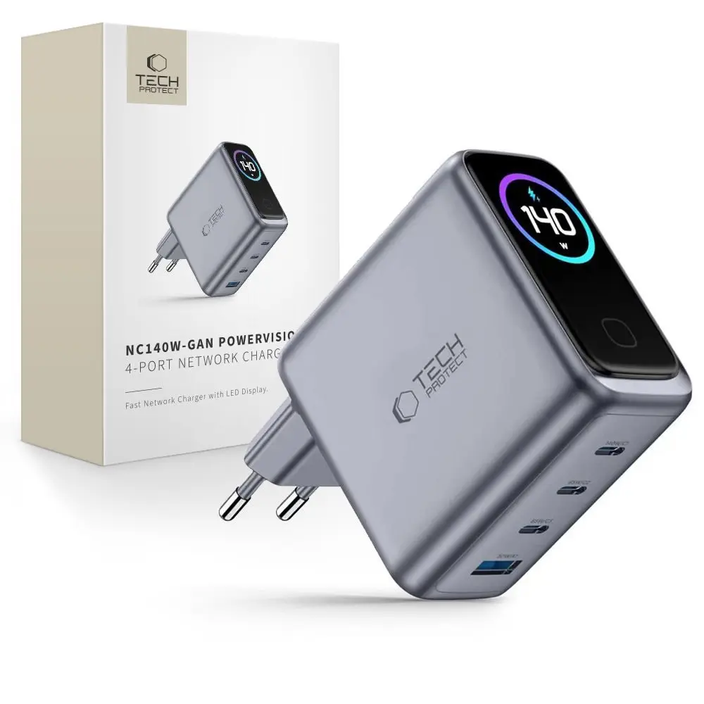 Tech-Protect Powervision NC140W-GAN 4portová nabíječka, PD 140 W / QC 3.0, šedá