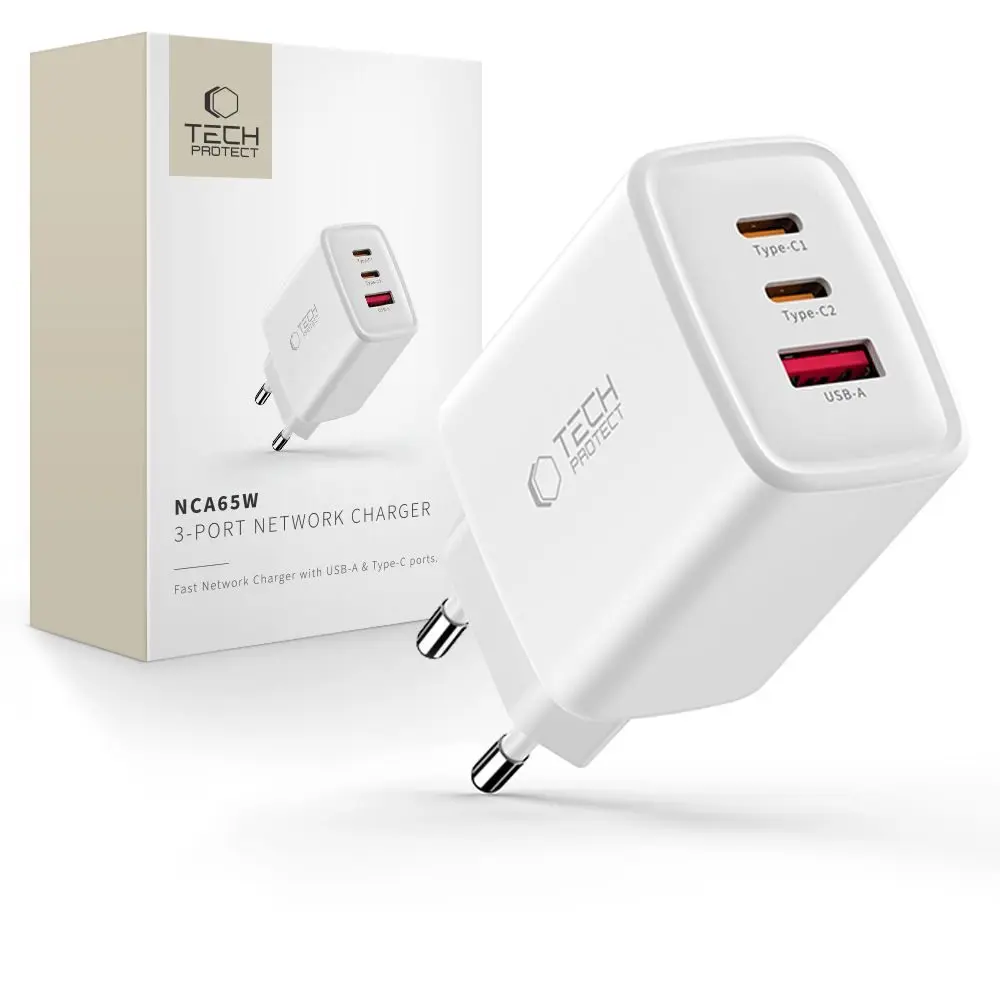 Tech-Protect NCA65W-GAN 3-portová nabíječka PD 65W / QC3.0, bílá