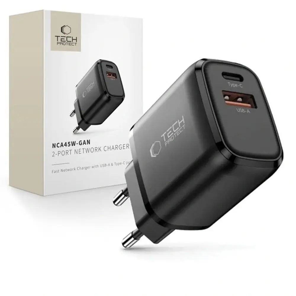 Tech-Protect NCA45W-GAN 2-portová síťová nabíječka PD45W / QC 3.0, černá