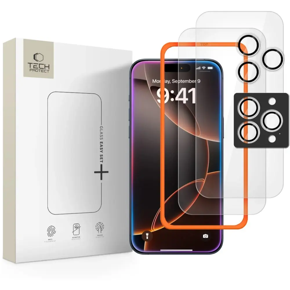 Tech-Protect Easy Set+, 2 tvrzené skla + sklo na čočku, iPhone 16 Pro Max / 17 Pro Max