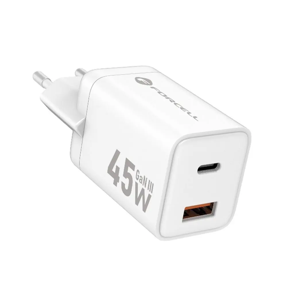 Forcell F-Energy adaptér Mini GaN III, USB-C + USB-A, PD, QC4.0, 45W, bílý