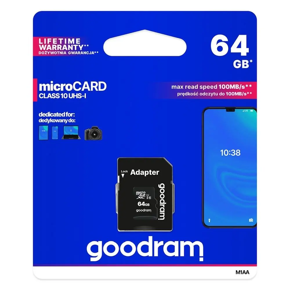 GOODRAM memory card microSD 64GB 100MB/s class 10 UHS I with adapter SD 432810