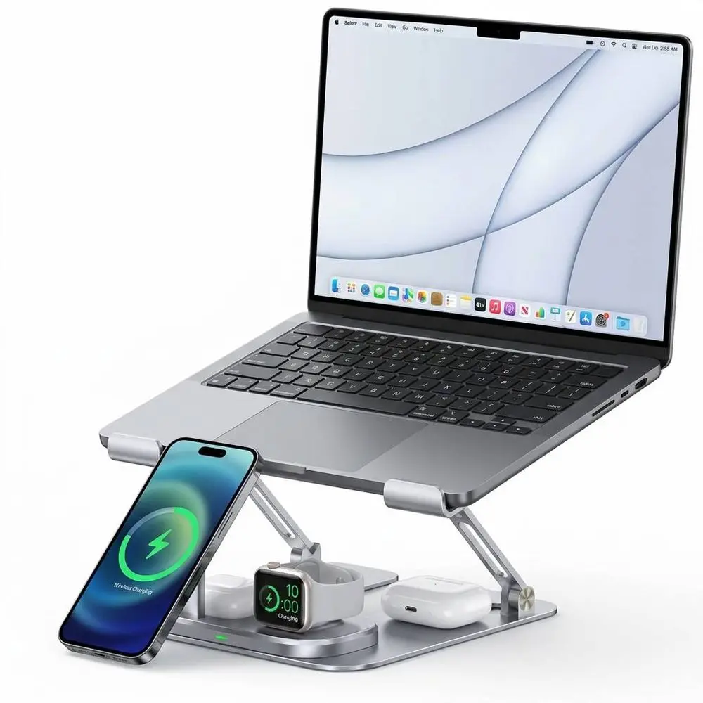 Prémiový hliníkový stojan na notebook s bezdrátovým nabíjením 4v1