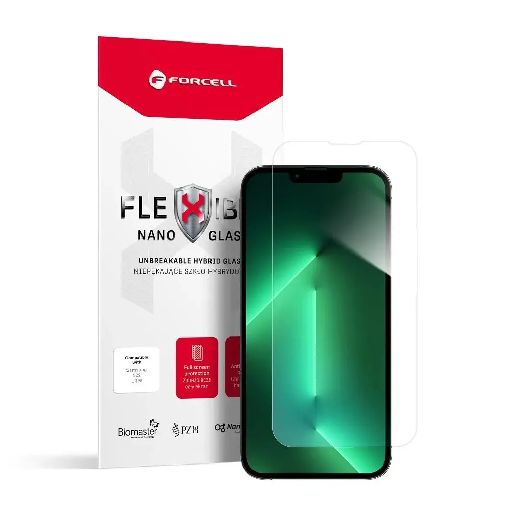 Forcell Flexible Nano Glass hybridní sklo, iPhone 13 / 13 Pro / 14 / 16e / 17e, průhledné