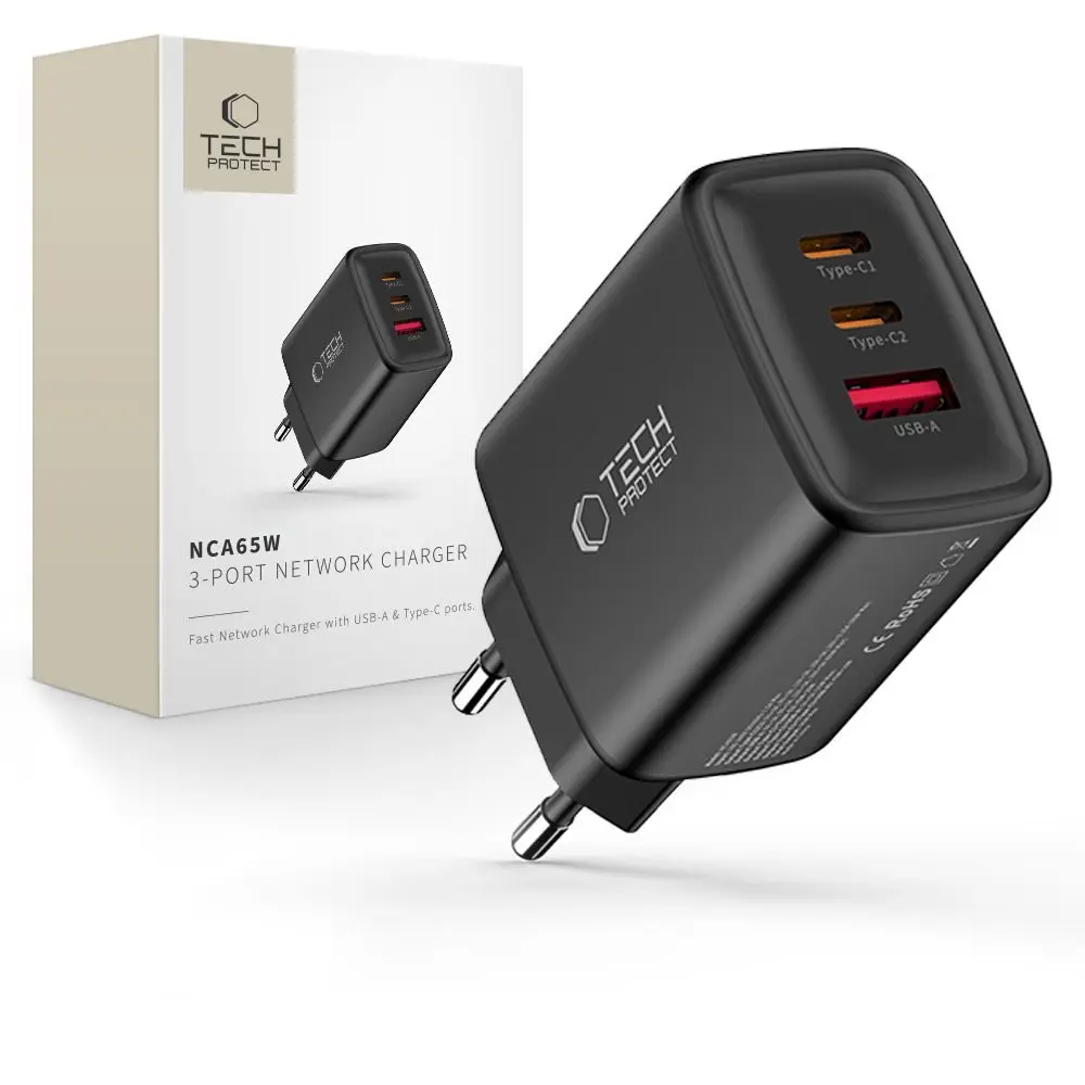 Tech-Protect NCA65W-GAN 3-portová nabíječka PD 65W / QC3.0, černá