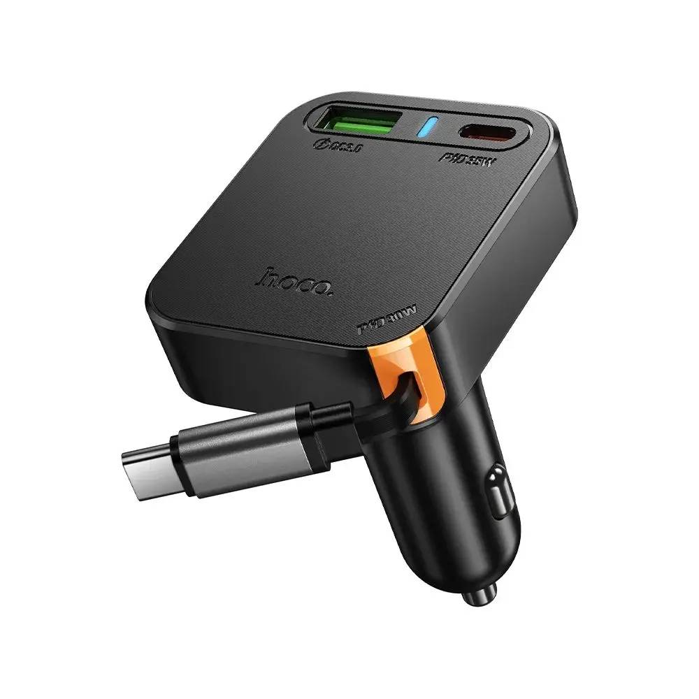 Hoco autonabíječka se zatahovacím kabelem 2x USB-C + USB-A, QC, PD, 65W, černá