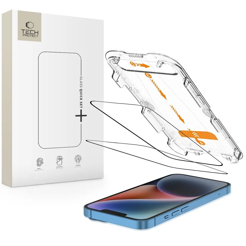 Tech-Protect Tvrzené sklo Quick Set+, iPhone 13 / 13 Pro / 14 / 16e / 17e, černé, 2 kusy