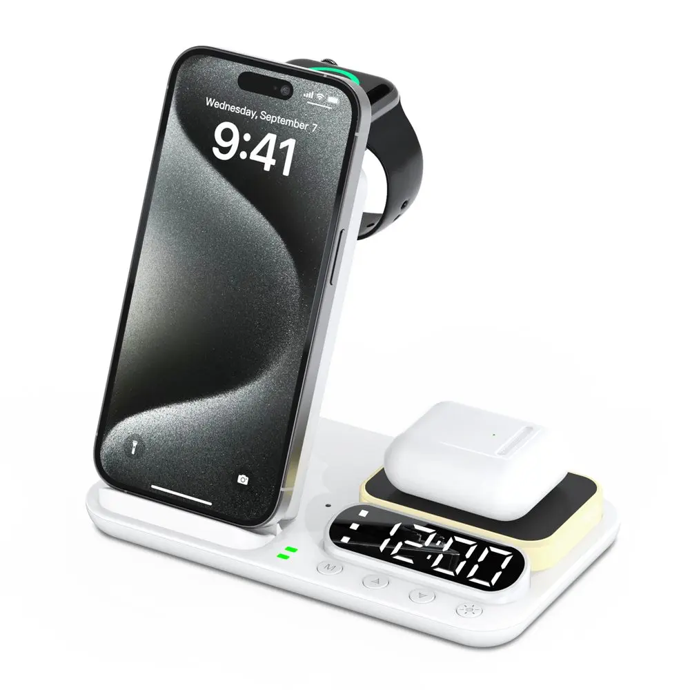 FoldCharge Clock 5 Pro Skládací 5v1 bezdrátová nabíjecí stanice s hodinami a nočním světlem, bílá