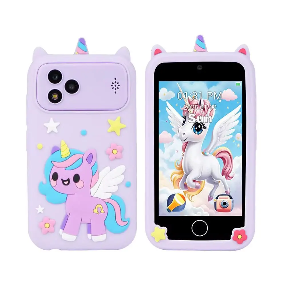 Chytrý moderní mobilní telefon pro děti s hrami, duálním fotoaparátem a dotykovým displejem, fialový unicorn