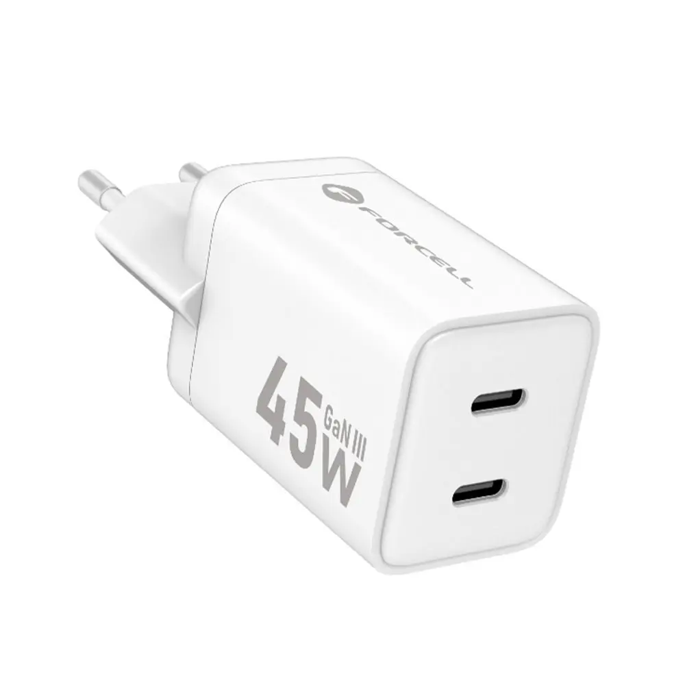 Forcell F-Energy adaptér Mini GaN III, 2x USB-C, PD, QC4.0, 45W, bílý