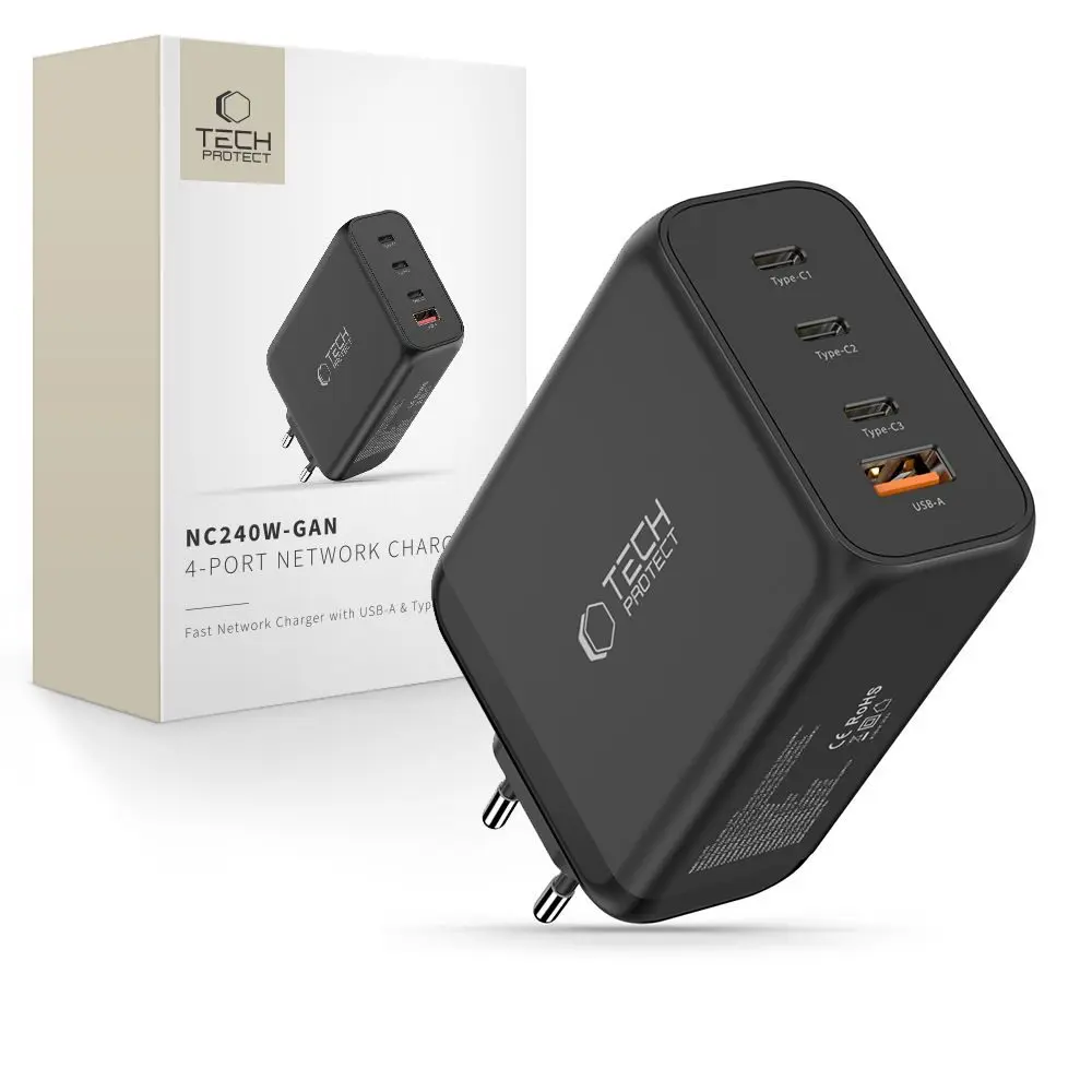 Tech-Protect 4portová nabíječka, PD 240W / QC3.0, černá