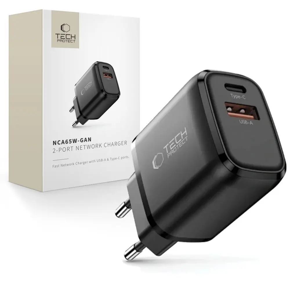 Tech-Protect NCA65W-GAN 2-portová nabíječka PD 65 W / QC 3.0, černá