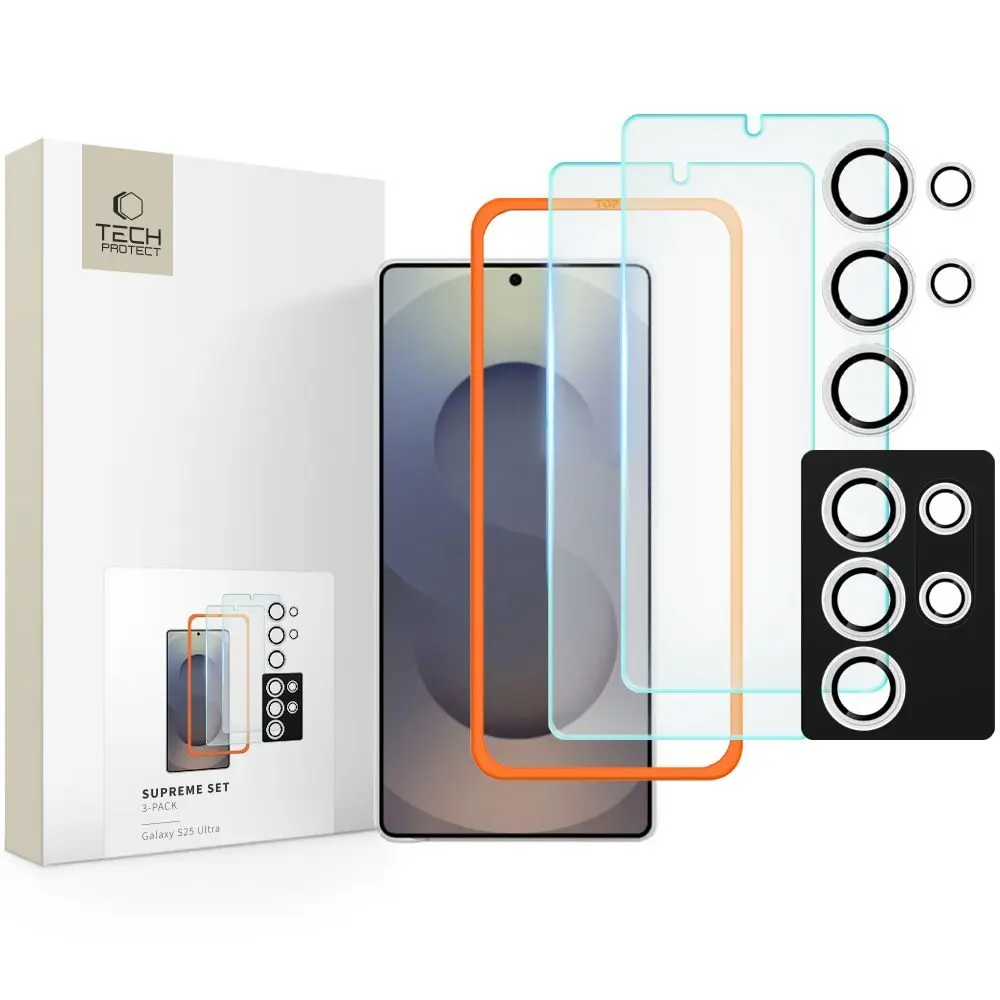 Tech-Protect Supreme set, 2 tvrzené skla s aplikátorem + sklo na čočku, Samsung Galaxy S25 Ultra