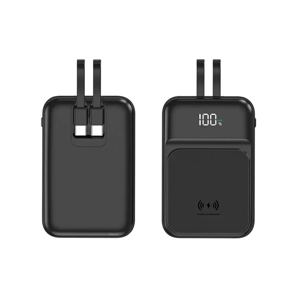 Bezdrátová Powerbanka se 2 vestavěnými kabely, 5000mAh, USB-C + Lightning, 15W, černá