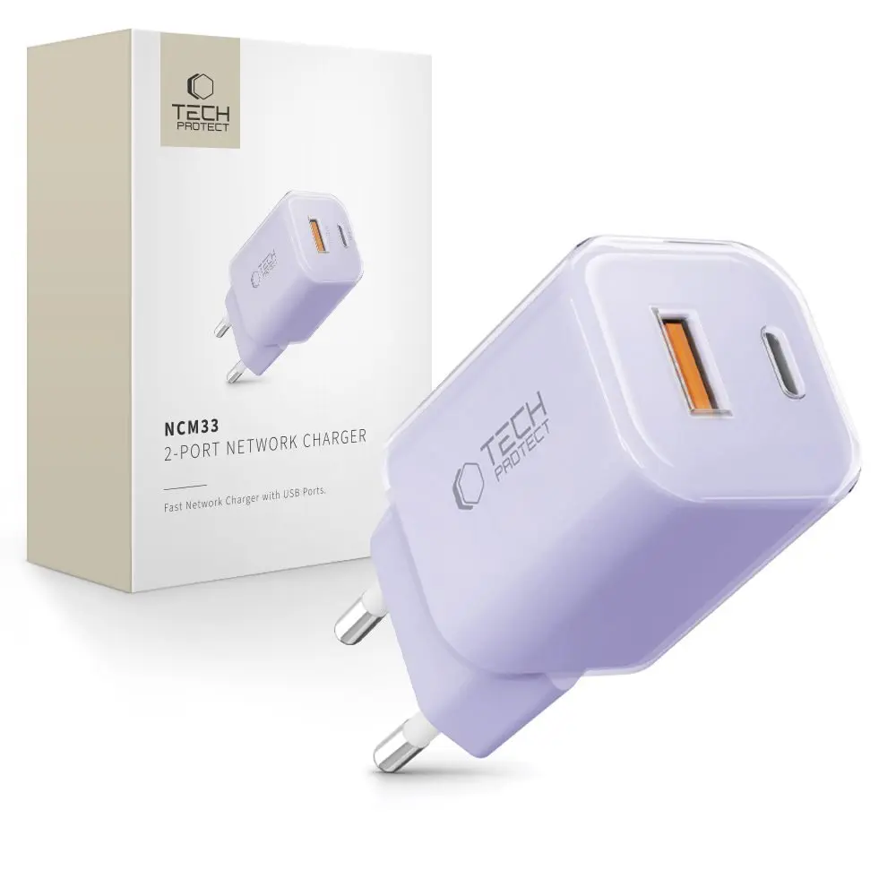 Tech-Protect NCM33 2-portová síťová nabíječka PD 33W / QC3.0, světle fialová