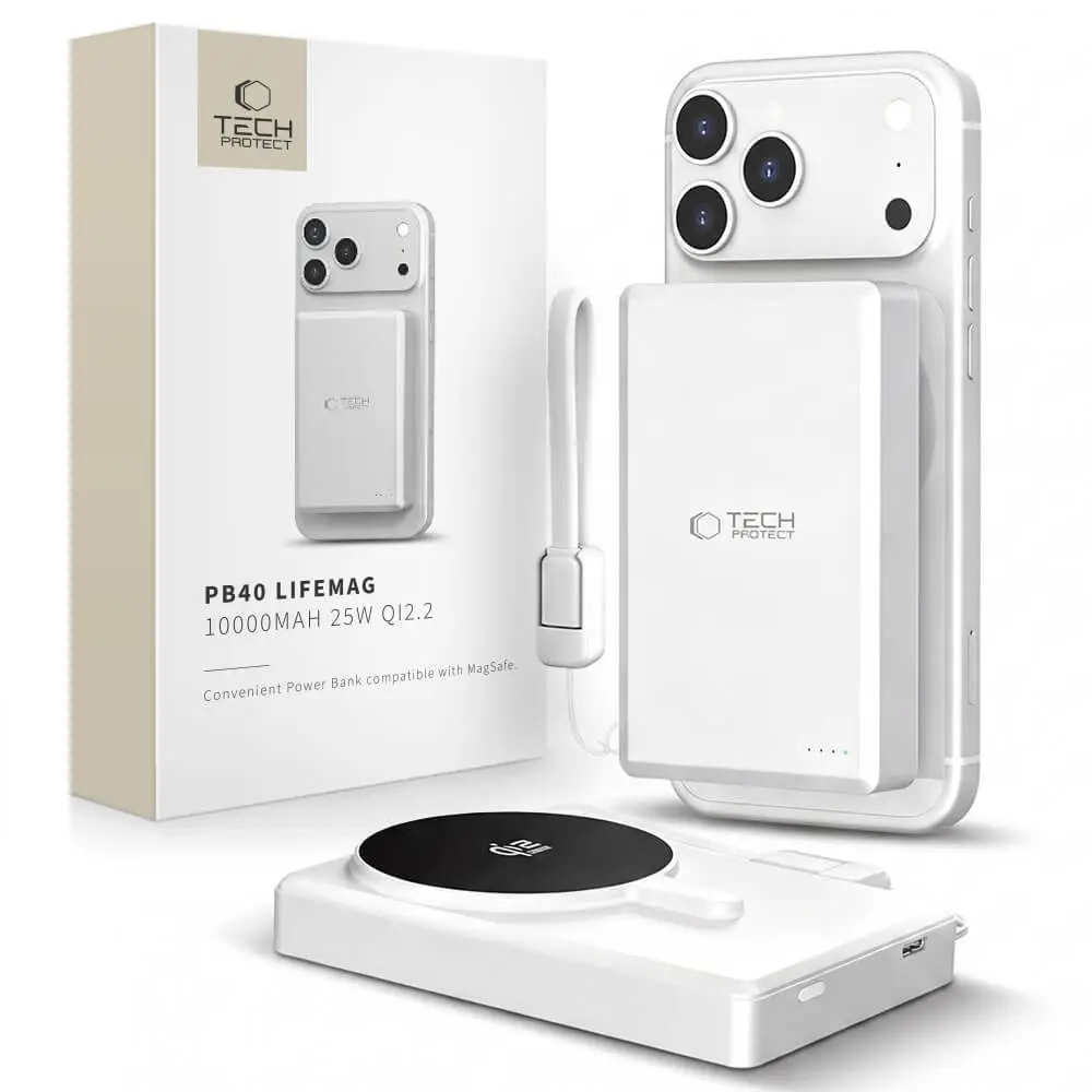 Tech-Protect PB40 LifeMag MagSafe powerbanka, 10 000 mAh, 25 W, Qi2.2, bílá / stříbrná